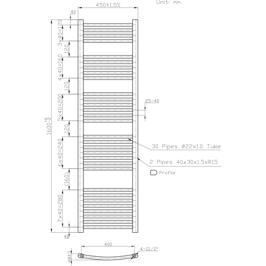 Novaservis - Θερμαντικό σώμα μπάνιου τύπου σκάλα 648W/230V, 160x45 cm, λευκό, στρογγυλεμένο