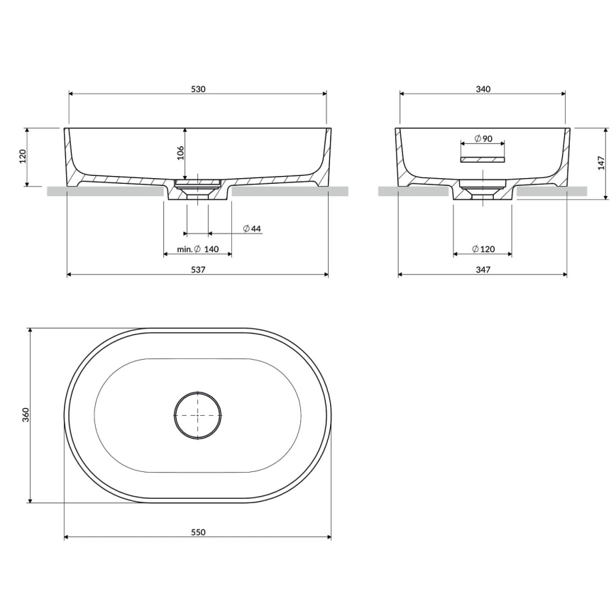 OMNIRES OVOUNAG - Νιπτήρας επιτραπέζιος OVO 55x36 εκ. δολομίτης/ματ σταχτί γκρι