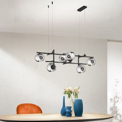 Ondaluce - Κρεμαστό φωτιστικό με καλώδιο JEWEL, 6xE14/10W/230V, μαύρο/καπνιστό μαύρο