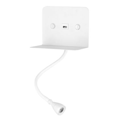 ONLI - LED Εύκαμπτο μικρό φωτιστικό με ράφι και USB φόρτιση PLAK LED/1W/230V λευκό