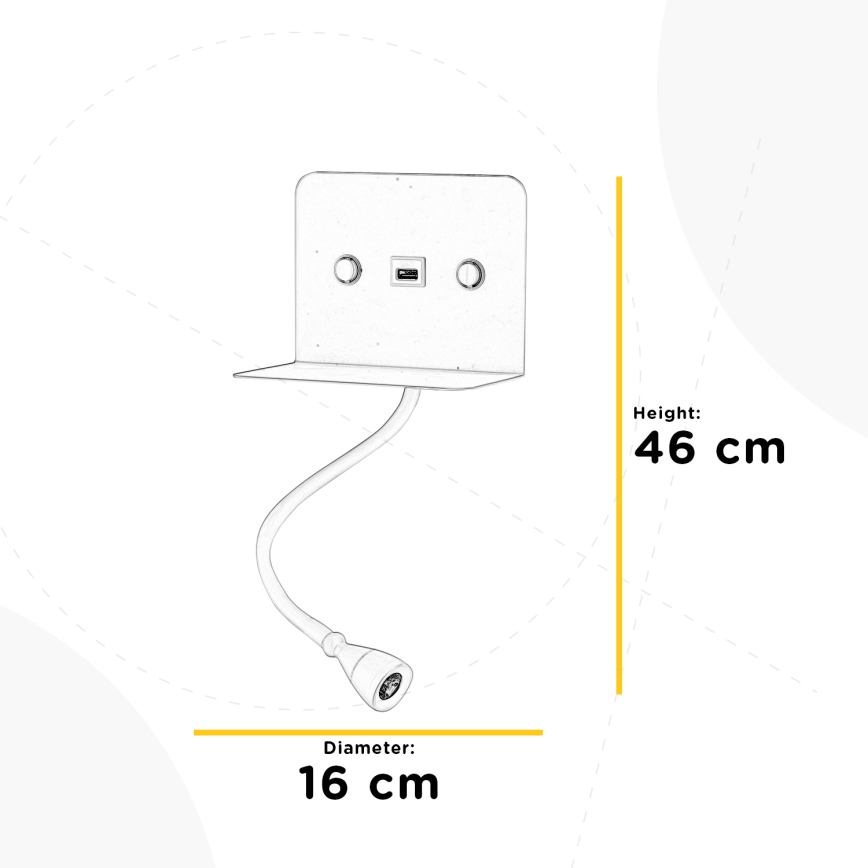 ONLI - LED Εύκαμπτο μικρό φωτιστικό με ράφι και USB φόρτιση PLAK LED/1W/230V λευκό