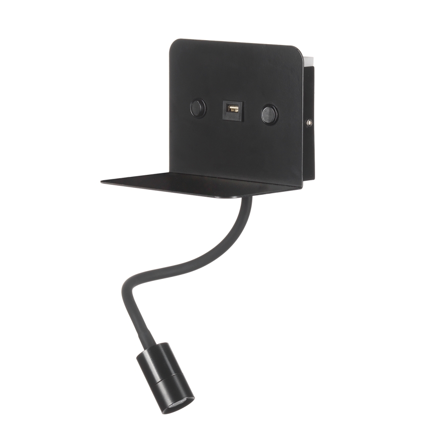 ONLI - LED Εύκαμπτο μικρό φωτιστικό με ράφι και USB φόρτιση PLAK LED/1W/230V μαύρο