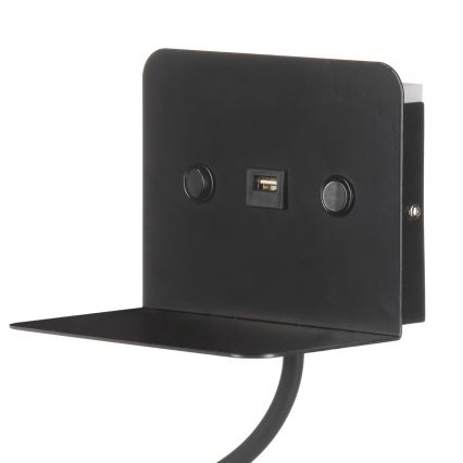ONLI - LED Εύκαμπτο μικρό φωτιστικό με ράφι και USB φόρτιση PLAK LED/1W/230V μαύρο