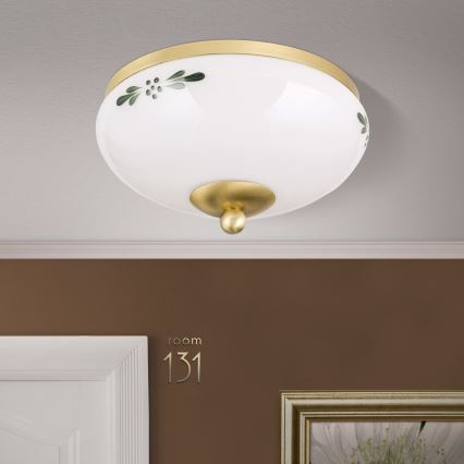 Φωτιστικό οροφής LANDHAUS 1xE27/60W/230V διάμ. 21 εκ. ορείχαλκος/λευκό/πράσινο