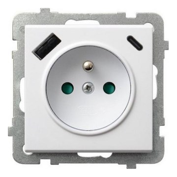 Ospel - Επιτοίχια πρίζα χωρίς πλαίσιο 230V + 1xUSB-A + 1xUSB-C SONATA λευκή