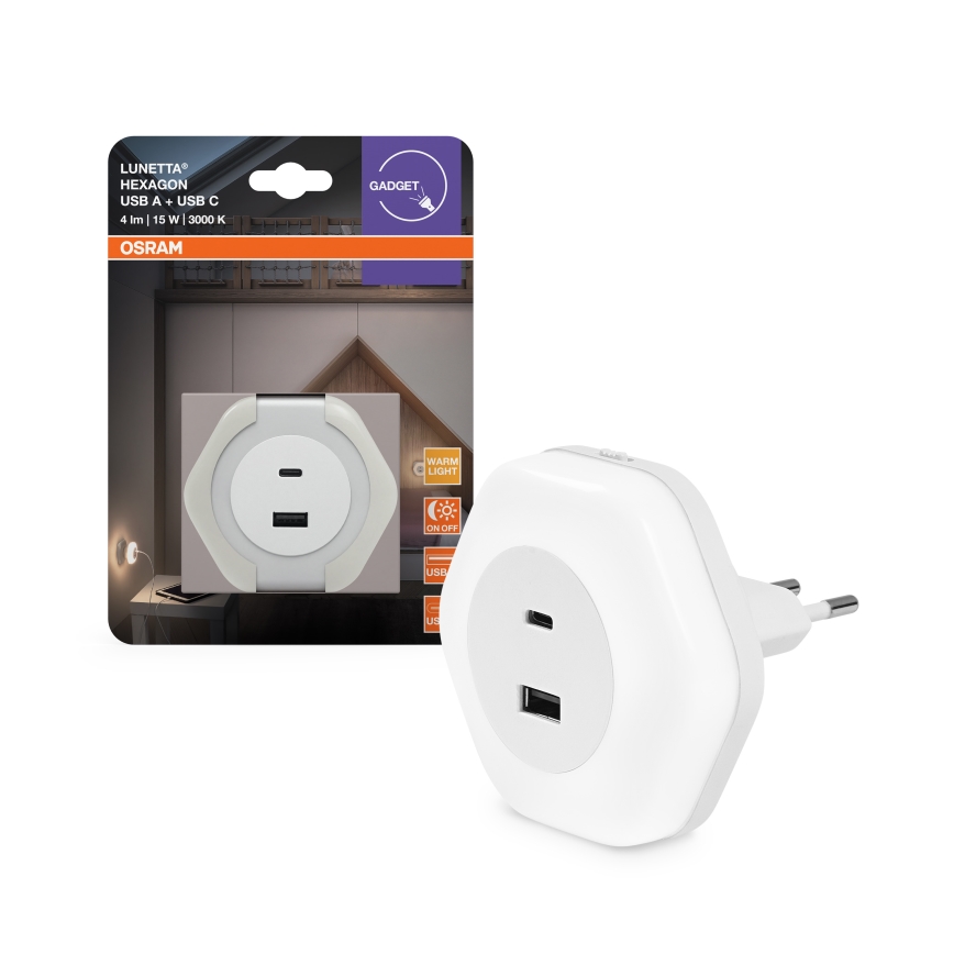 Osram - LED φωτιστικό νυκτός για πρίζα με θύρα USB LUNETTA LED/15W/230V λευκό