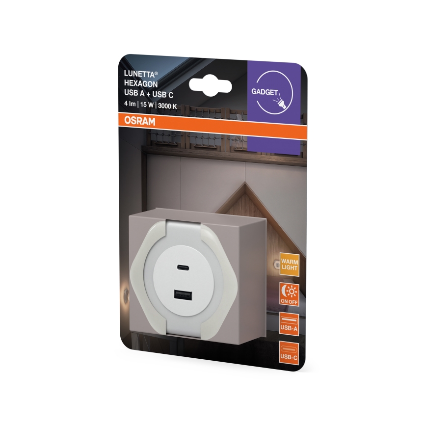 Osram - LED φωτιστικό νυκτός για πρίζα με θύρα USB LUNETTA LED/15W/230V λευκό