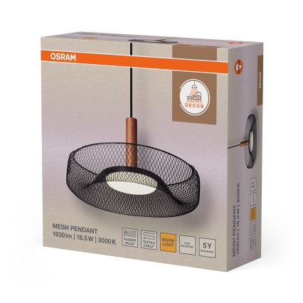 Osram - Κρεμαστό φωτιστικό LED σε καλώδιο DECOR MESH, LED/18,5W/230V, Ø 40 cm, μαύρο/ξύλο καουτσουκόδεντρου
