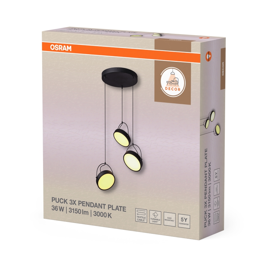 Osram - Κρεμαστό φωτιστικό LED με σύρμα ανάρτησης DECOR PUCK 3xLED/12W/230V CRI 90 μαύρο