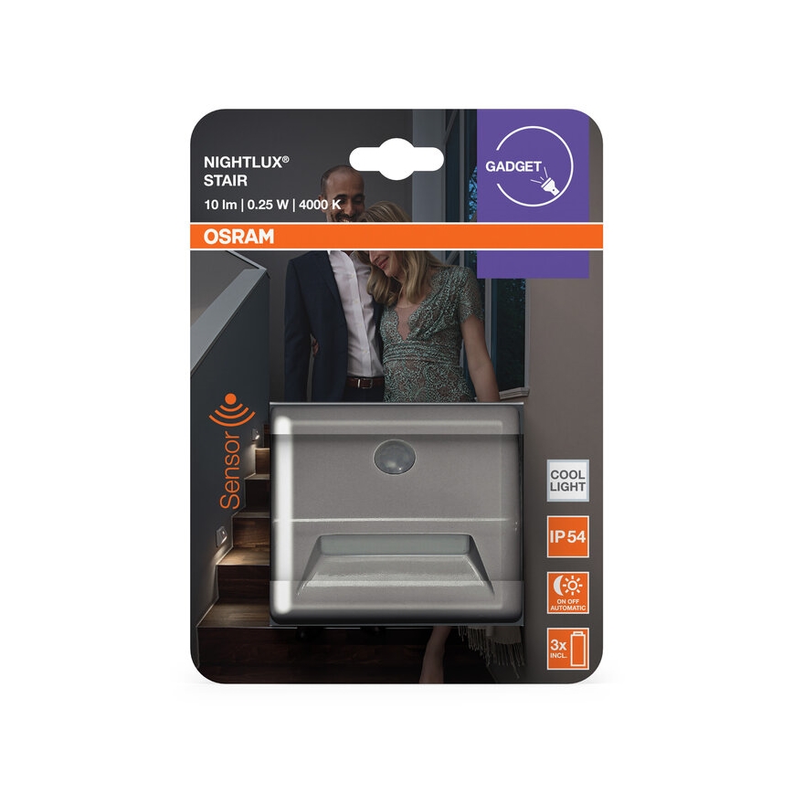 Osram - LED φωτιστικό σκάλας με αισθητήρα NIGHTLUX LED/0,25W/3xAAA IP54 ασημί