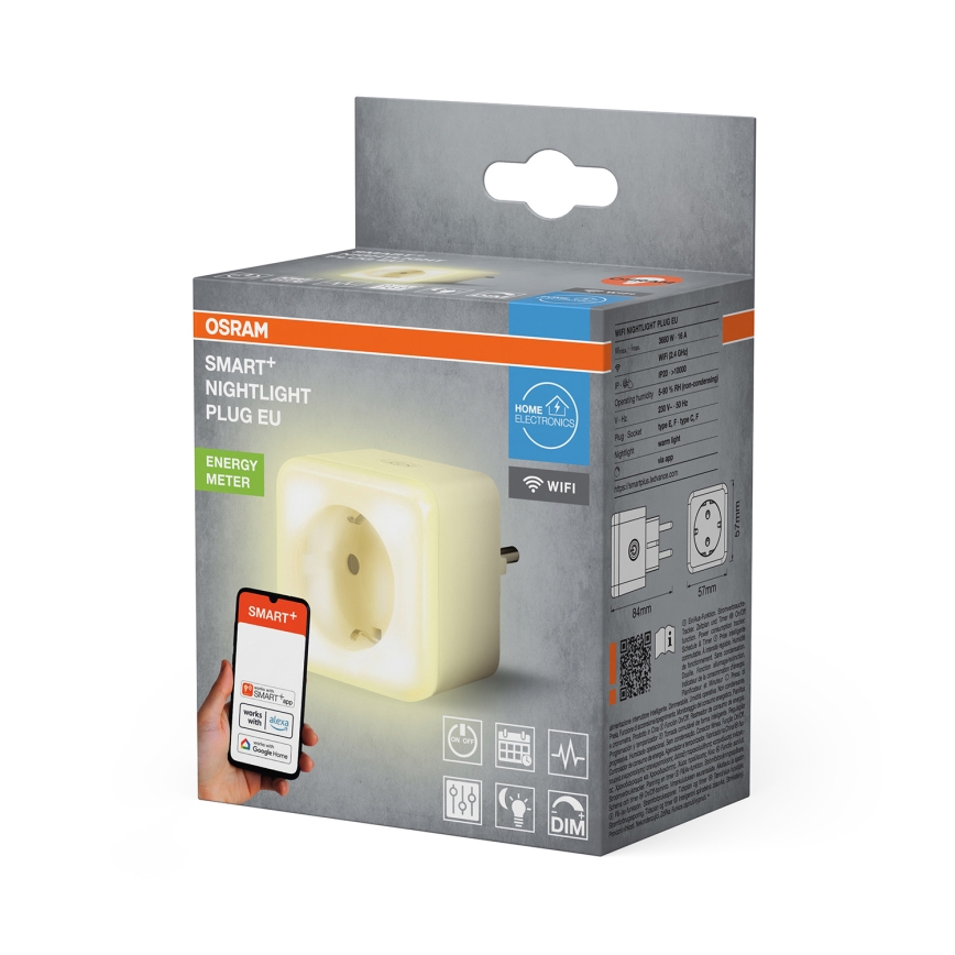 Osram - Ρυθμιζόμενη LED πρίζα SCHUKO SMART+ NIGHTLIGHT με ενσωματωμένο φωτισμό, 3680W/230V, Wi-Fi