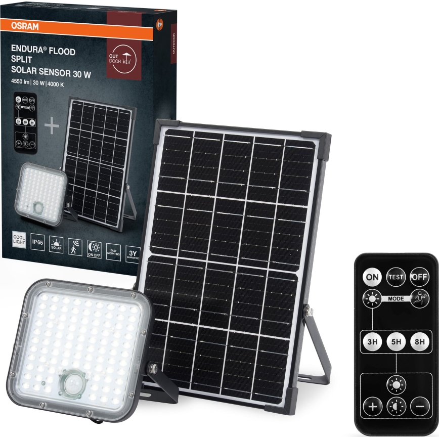 Osram - LED ρυθμιζόμενος ηλιακός προβολέας με αισθητήρα ENDURA LED/30W/6,4V 4000K IP65 μαύρο + τηλεχειριστήριο