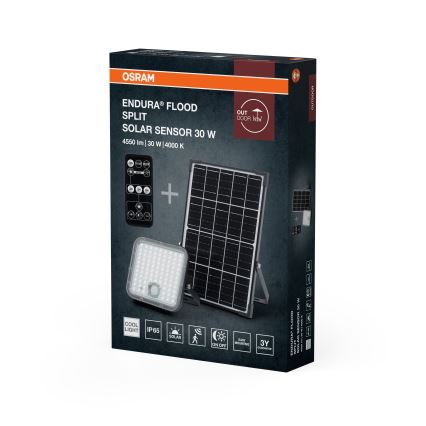 Osram - LED ρυθμιζόμενος ηλιακός προβολέας με αισθητήρα ENDURA LED/30W/6,4V 4000K IP65 μαύρο + τηλεχειριστήριο