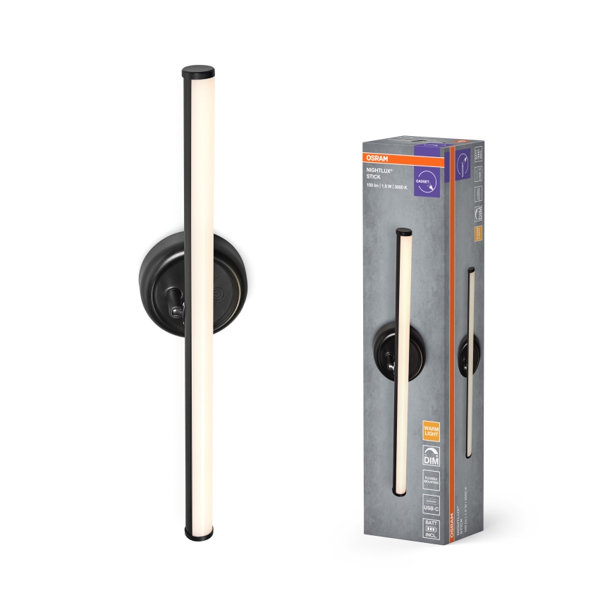 Osram - LED ρυθμιζόμενο επαναφορτιζόμενο επιτοίχιο φωτιστικό αφής NIGHTLUX LED/1,8W/5V μαύρο