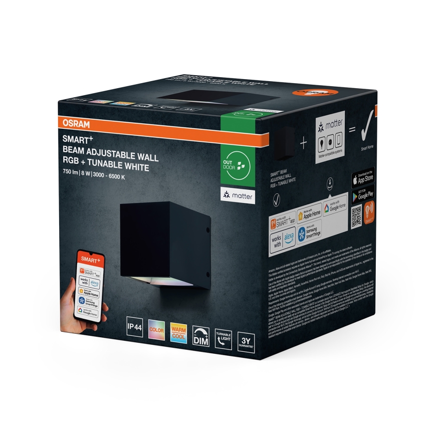 Osram - LED RGBW Ρυθμιζόμενο επιτοίχιο φωτιστικό για εξωτερικούς χώρους SMART+ BEAM LED/8W/230V 3000-6500K IP44 Wi-Fi