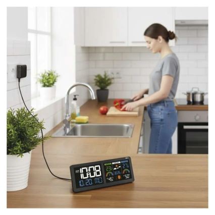 Σταθμός καιρού με έγχρωμη οθόνη LCD και ξυπνητήρι, 5V 3xAAA + 2xAA, μαύρος
