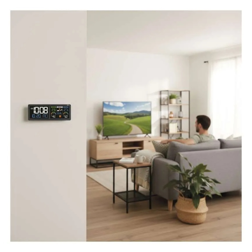 Σταθμός καιρού με έγχρωμη οθόνη LCD και ξυπνητήρι, 5V 3xAAA + 2xAA, μαύρος