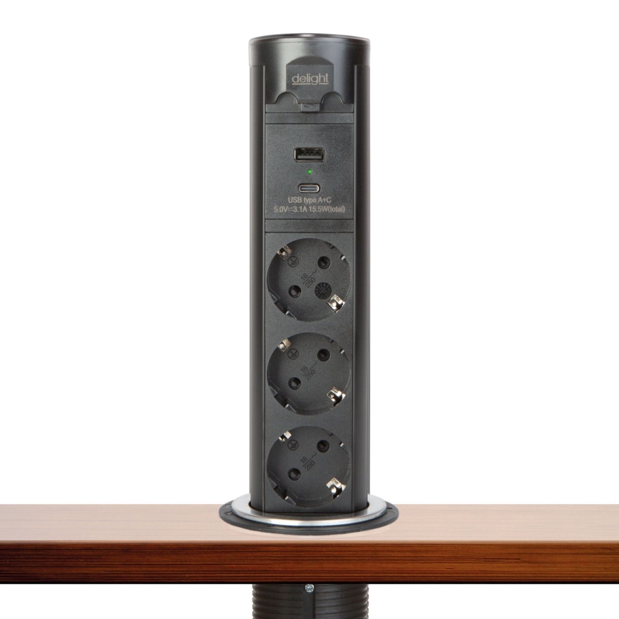 Στήλη πριζών για επιφάνεια γραφείου, 3x230V + USB-A + USB-C — μαύρη