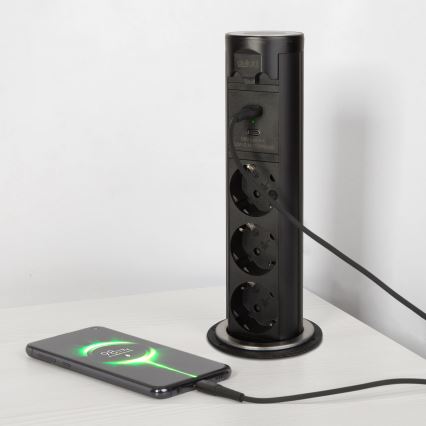 Στήλη πριζών για επιφάνεια γραφείου, 3x230V + USB-A + USB-C — μαύρη
