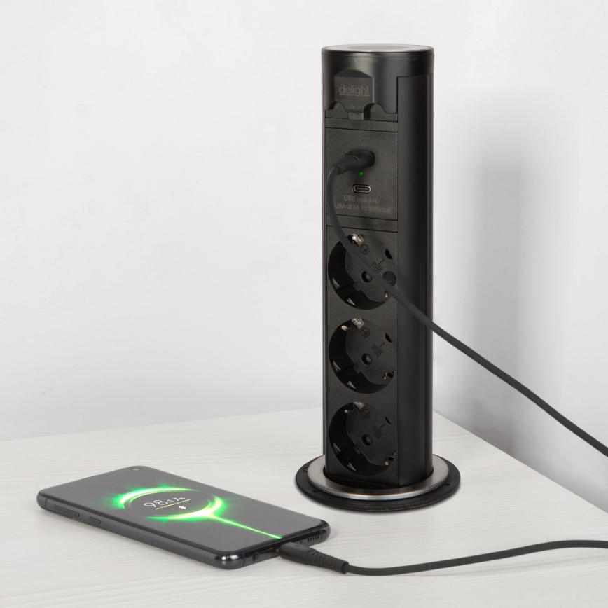 Στήλη πριζών για επιφάνεια γραφείου, 3x230V + USB-A + USB-C — μαύρη