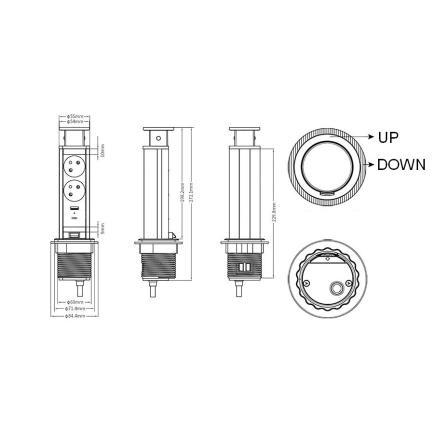 Στήλη πριζών για επιφάνεια γραφείου 2x230V + USB-A + USB-C