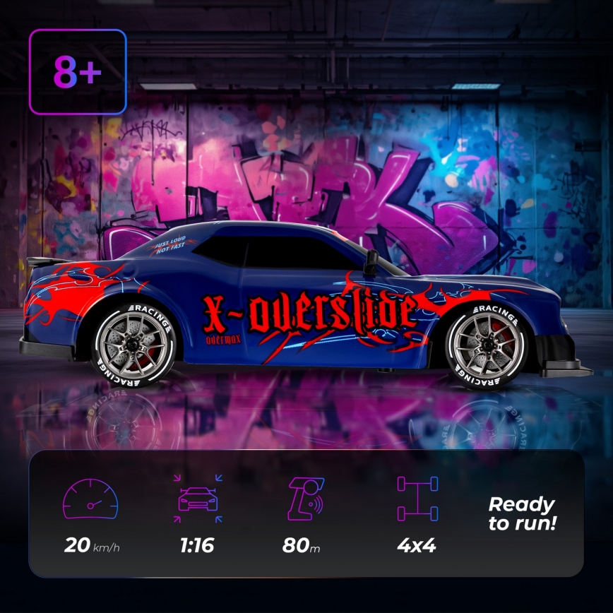 Overmax - RC drift αυτοκίνητο με τηλεχειριστήριο 2 σε 1 X-OVERSLIDE 1000 mAh μαύρο/πράσινο/μπλε/κόκκινο