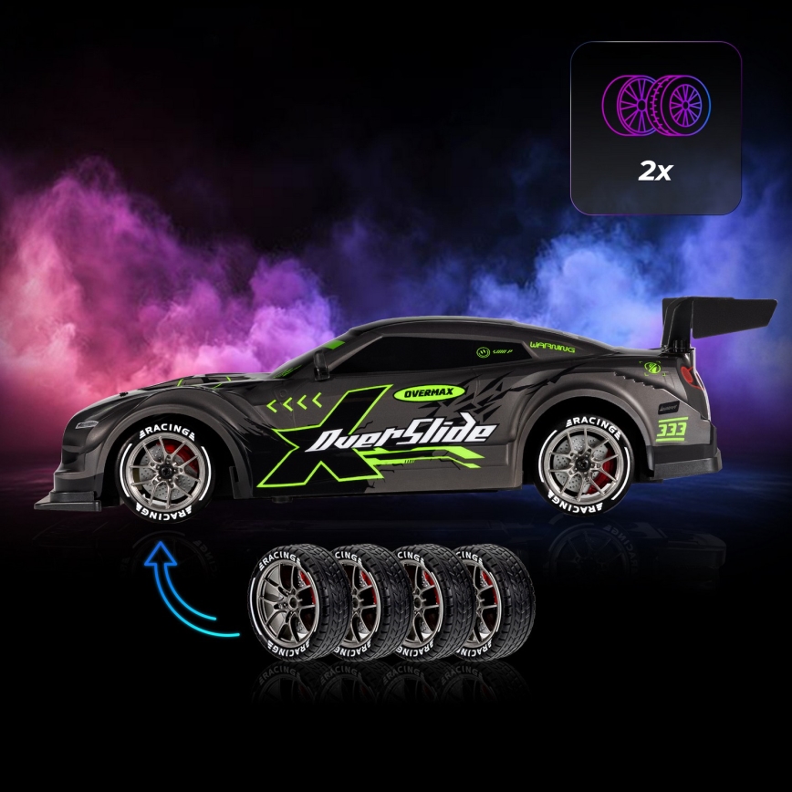 Overmax - RC drift αυτοκίνητο με τηλεχειριστήριο 2 σε 1 X-OVERSLIDE 1000 mAh μαύρο/πράσινο/μπλε/κόκκινο