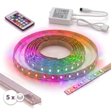 Σετ 1x LED RGBW ταινία με δυνατότητα ρύθμισης φωτεινότητας DIGITAL LED/16,5W/230V 5 m + 5x εντοιχιζόμενο προφίλ 1 m ασημί/λευκό + τηλεχειριστήριο