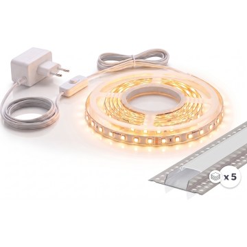 Σετ 1x LED ταινία MYLIVING LIGHTSTRIP LED/22W/230V 5 m + 5x εντοιχιζόμενα προφίλ 1 m ασημί/λευκό