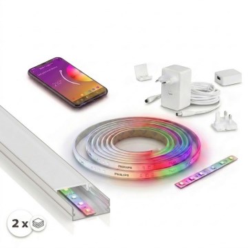 Σετ 1x ρυθμιζόμενη LED ταινία RGBW Philips Hue WHITE AND COLOR AMBIANCE LED/20W/230V 2 m + 2x εντοιχισμένα προφίλ 1 m ασημί/λευκό