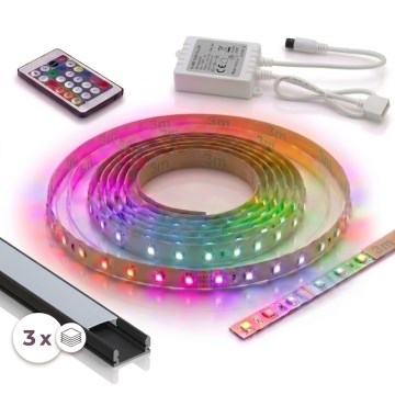 ΣΕΤ 1x ρυθμιζόμενη ψηφιακή λωρίδα LED RGBW 9,6W/230V 3 m + 3x εντοιχιζόμενο προφίλ 1 m μαύρο/λευκό + τηλεχειριστήριο