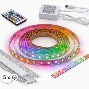 Σετ 1x ταινία LED RGBW ρυθμιζόμενης φωτεινότητας DIGITAL LED/16,5W/230V 5 m + 5x εντοιχιζόμενα προφίλ 1 m ασημί/λευκό + τηλεχειριστήριο