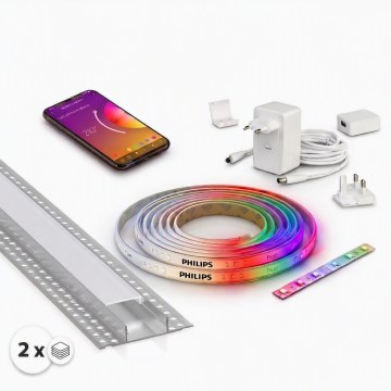 Σετ 1x ταινία LED RGBW με ρυθμιζόμενη φωτεινότητα Philips Hue WHITE AND COLOR AMBIANCE LED/20W/230V 2 m + 2x εντοιχισμένα προφίλ 1 m ασημί/λευκό