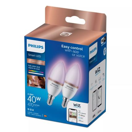 Σετ 2x LED RGB ρυθμιζόμενη λάμπα Philips SMART C37 E14/4,9W/230V 2200-6500K CRI 90