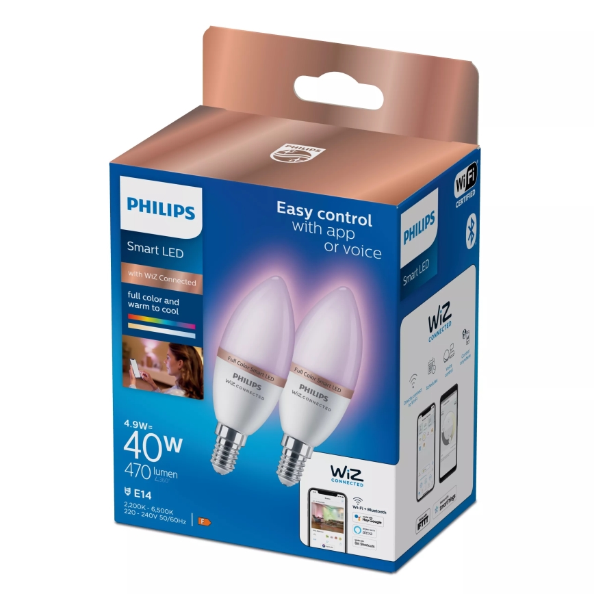 Σετ 2x LED RGB ρυθμιζόμενη λάμπα Philips SMART C37 E14/4,9W/230V 2200-6500K CRI 90