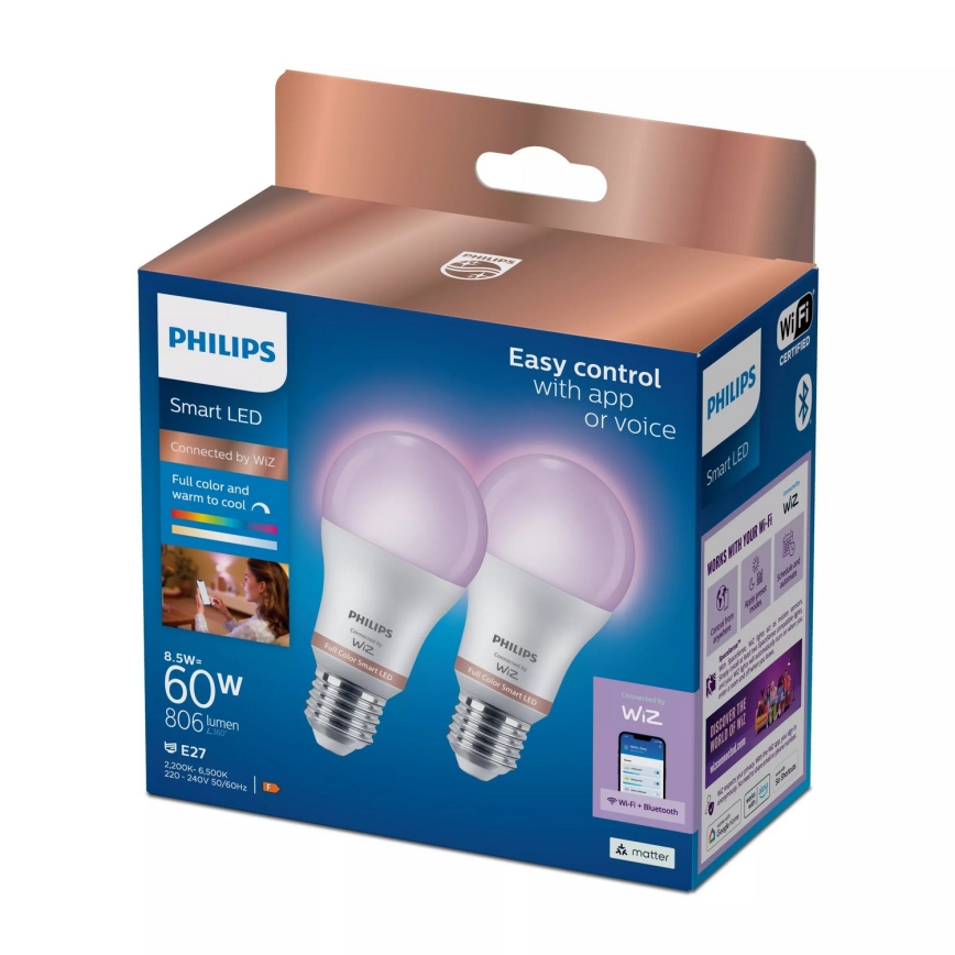 Σετ 2x ρυθμιζόμενες LED RGB λάμπες Philips SMART A60 E27/8,5W/230V 2200-6500K