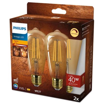 ΣΕΤ 2x Λαμπτήρας Dimming LED VINTAGE Philips ST64 E27/4,2W/230V 2200K