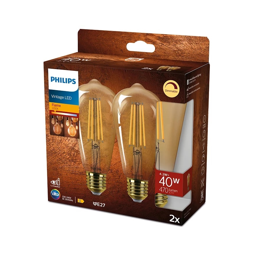 ΣΕΤ 2x Λαμπτήρας Dimming LED VINTAGE Philips ST64 E27/4,2W/230V 2200K