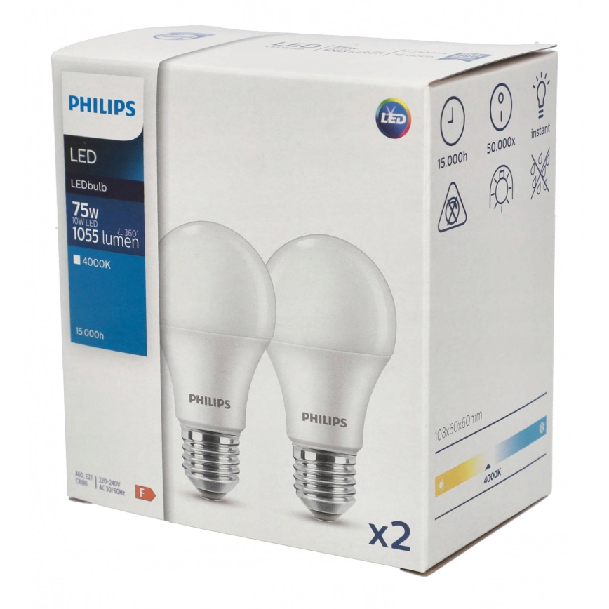 ΣΕΤ 2x Λαμπτήρας LED Philips A60 E27/10W/230V 4000K