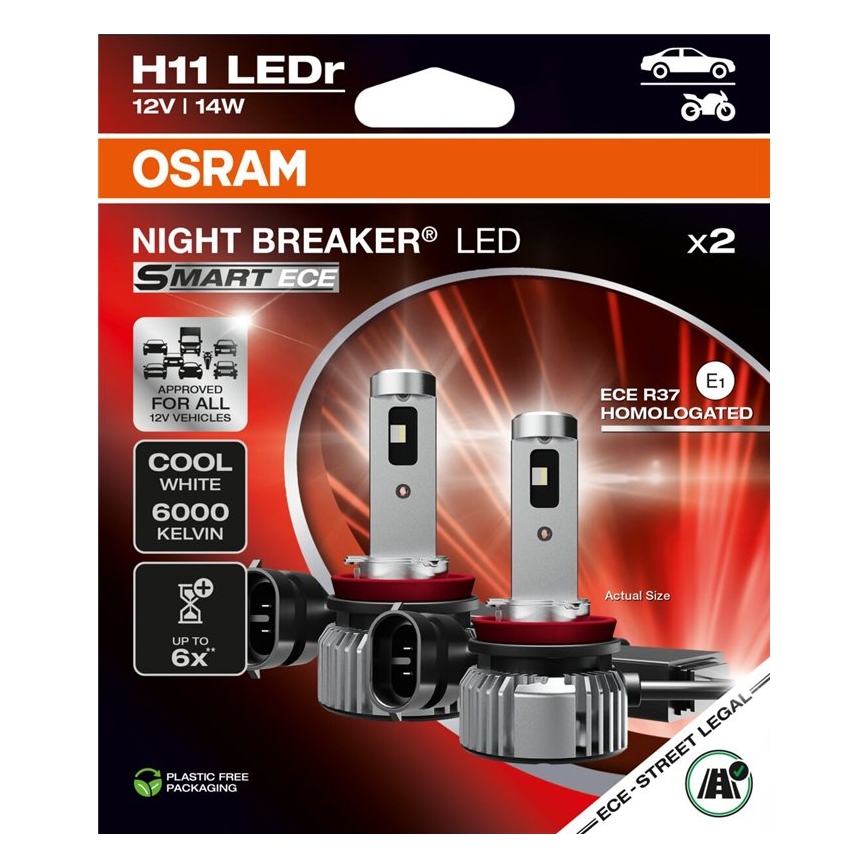 Σετ 2x LED λαμπτήρες αυτοκινήτου NIGHT BREAKER SMART H11 PGJ19-2/14W/12V 6000K - Osram