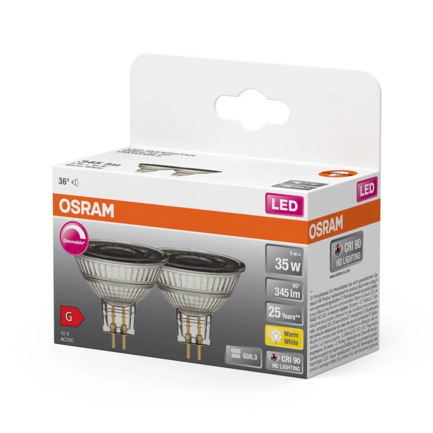 Σετ 2x LED ρυθμιζόμενες ανακλαστικές λάμπες MR16 GU5,3/5W/12V 2700K 36° CRI 90 - Osram
