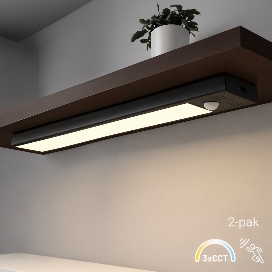 Σετ 2x επαναφορτιζόμενα φωτιστικά LED για έπιπλα με αισθητήρα κίνησης και λυκόφωτος VIRO LED/1,2W/3,7V 800 mAh 3000/4000/6500K 30 cm μαύρα
