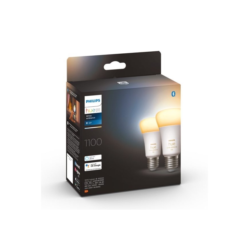 ΣΕΤ 2xLED Dimmable λαμπτήρες Philips Hue WHITE AMBIANCE E27/8W/230V 2200-6500K