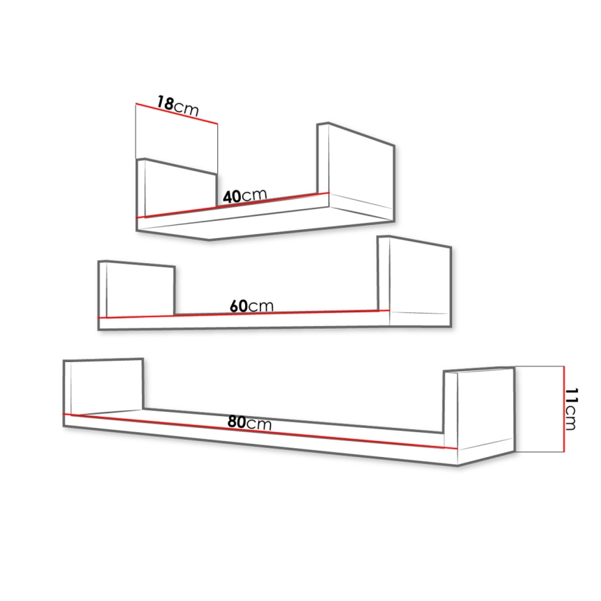 Σετ 3 επιτοίχιων ραφιών TRIO 11x40/60/80 cm κασμίρι