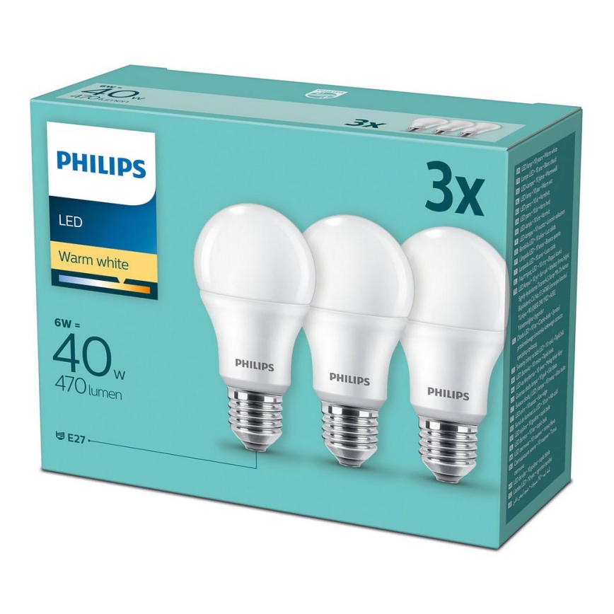 ΣΕΤ 3x Λαμπτήρας LED Philips E27/6W/230V 2700K