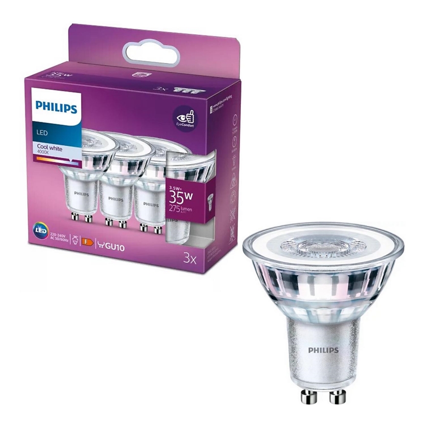 ΣΕΤ 3x Λαμπτήρας LED Philips PAR16 GU10/3,5W/230V 4000K