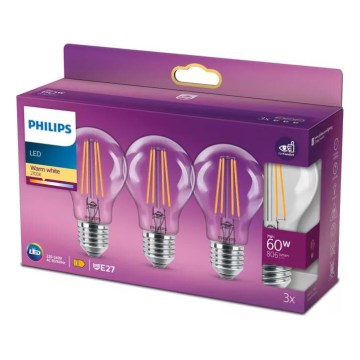 ΣΕΤ 3x Λαμπτήρας LED VINTAGE Philips A60 E27/7W/230V 2700K