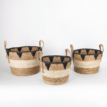 ΣΕΤ 3x Καλάθι ψάθινο μπεζ/μαύρο 27x20/30x22/36x28 cm