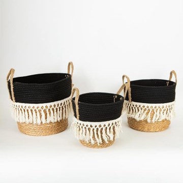 ΣΕΤ 3x Καλάθι ψάθινο μπεζ/μαύρο/λευκό 25x17x23/28x22x25/35x28x30 cm