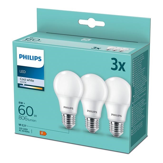 ΣΕΤ 3x LED Λάμπα Philips A60 E27/8W/230V 4000K
